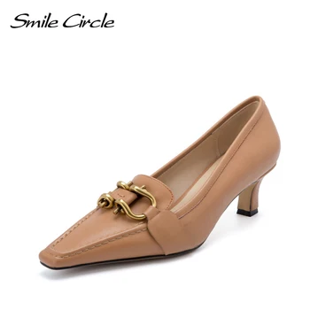 Smile Circle High heel Women shoes Genuine Leather Fashion Asakuchi metal decoration Pointed toe Ladies Shoes Spring 
Smile Circle High heel Women shoes Genuine Leather Fashion Asakuchi metal decoration Pointed toe Ladies Shoes Spring