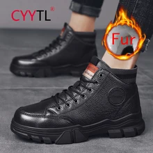 

CYYTL Winter Men's Boots Fur Lined Keep Warm Outdoor Snow Insulated Non Slip Shoes Casual Leather Short Waterproof Work Booties