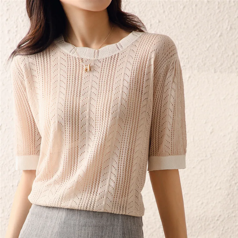 2021 Ice linen sweater women new elegant O- neck short-sleeved crochet hollow t-shirt top
2021 Ice linen sweater women new elegant O- neck short-sleeved crochet hollow t-shirt top