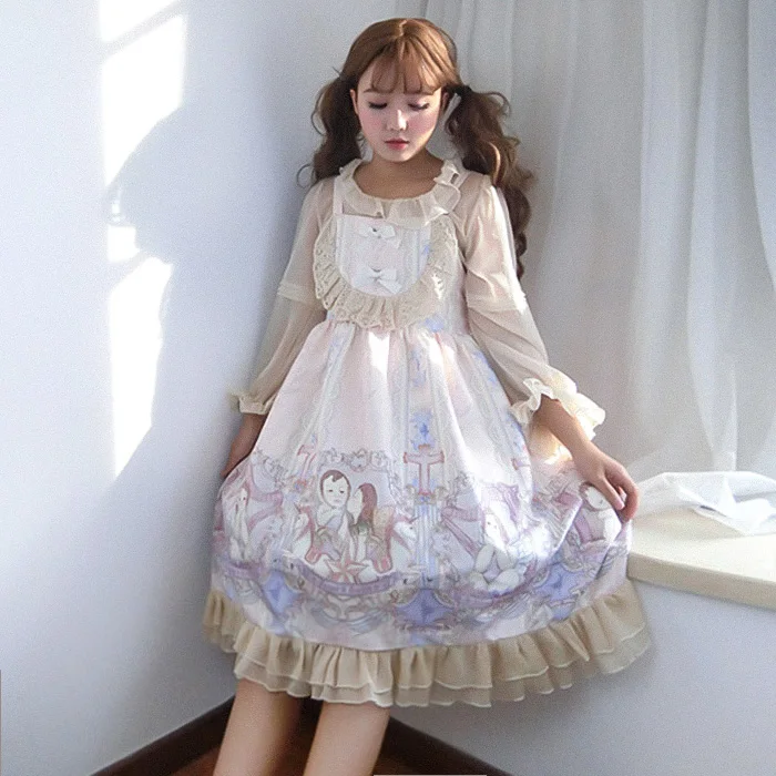 

Palace princess tea party sweet lolita dress vintage lace bowknot high waist cute printing victorian dress kawaii girl jsk loli