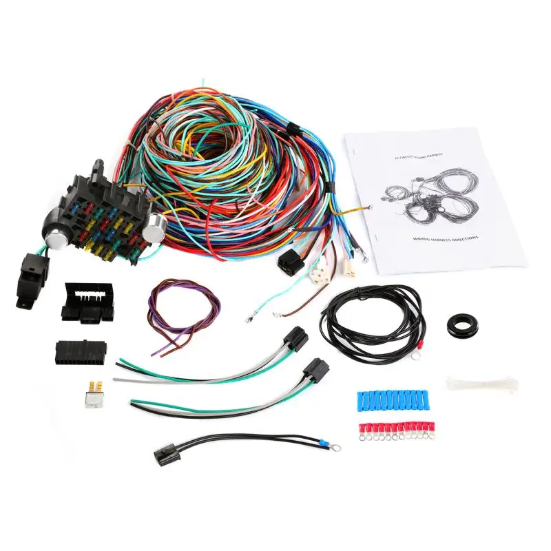 Universal 21 Circuit Wiring Harness Kit Fuse Box Wire Car Modification Harness For 12-volt Vehicle Engine Swaps w/ Instructions
Universal 21 Circuit Wiring Harness Kit Fuse Box Wire Car Modification Harness For 12-volt Vehicle Engine Swaps w/ Instructions