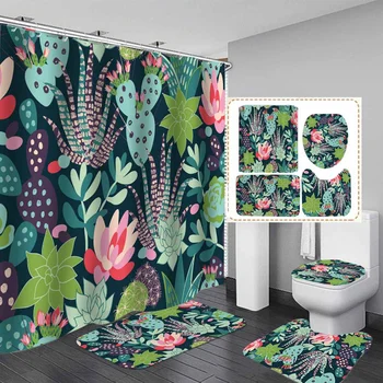 4 PCS Tropical style Pattern Waterproof Print Shower Curtain Carpet Cover Toilet Cover Bath Mat Pad Set Bathroom Curtain