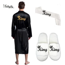 Sisbigdey מלך robe גברים סאטן חלוק ארוך חתונה נצנצים זהב שחור נעלי כלה אבנט סט כלה מסיבת 2020 חתן קימונו גלימות(China)