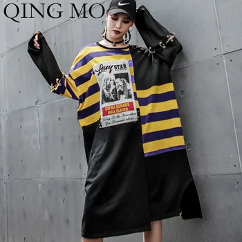 QING MO Women Yellow And Purple Striped T Shirt Dress 2020 Spring Women Streetwear Style Irregular Dress Loose ZQY1294 
QING MO Women Yellow And Purple Striped T Shirt Dress 2020 Spring Women Streetwear Style Irregular Dress Loose ZQY1294