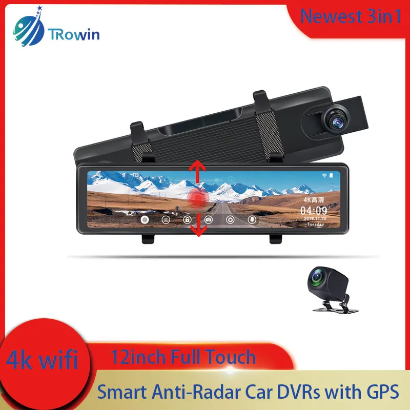 

4K Recorder 3in1 Car Video 12Inches Smart Rearview Mirror WIFI DVRs Ultra HD 1080P Dashcam with Anti-Radar for Russian/Vietnam