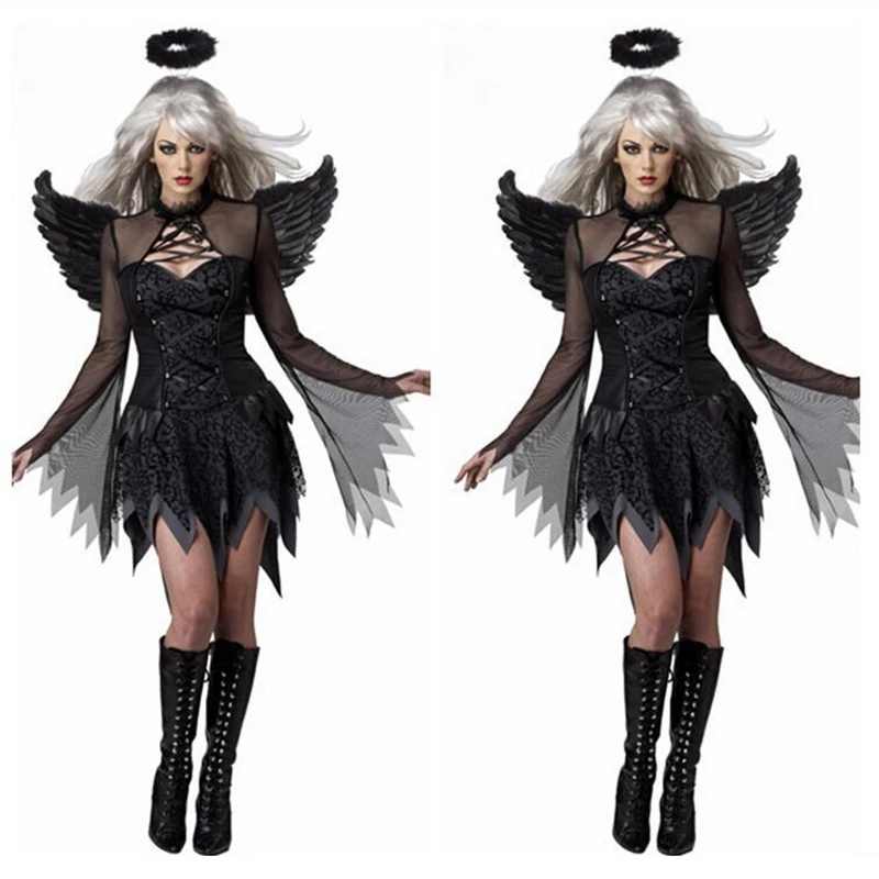 

Halloween Cosplay Carnival Women Dark Angel Costume Adult Party Raven Black Fallen Angel Devil Fancy Dress with Halo & Wing