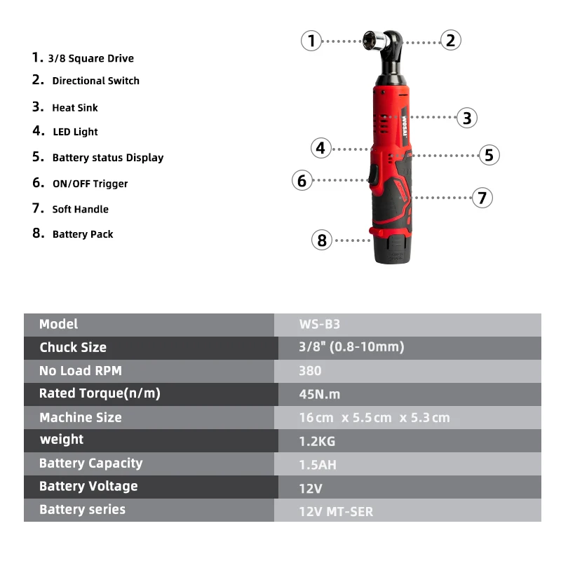 Беспроводной Электрический гаечный ключ WOSAI 45 нм 12 В 3/8 дюйма|Электрические ключи|