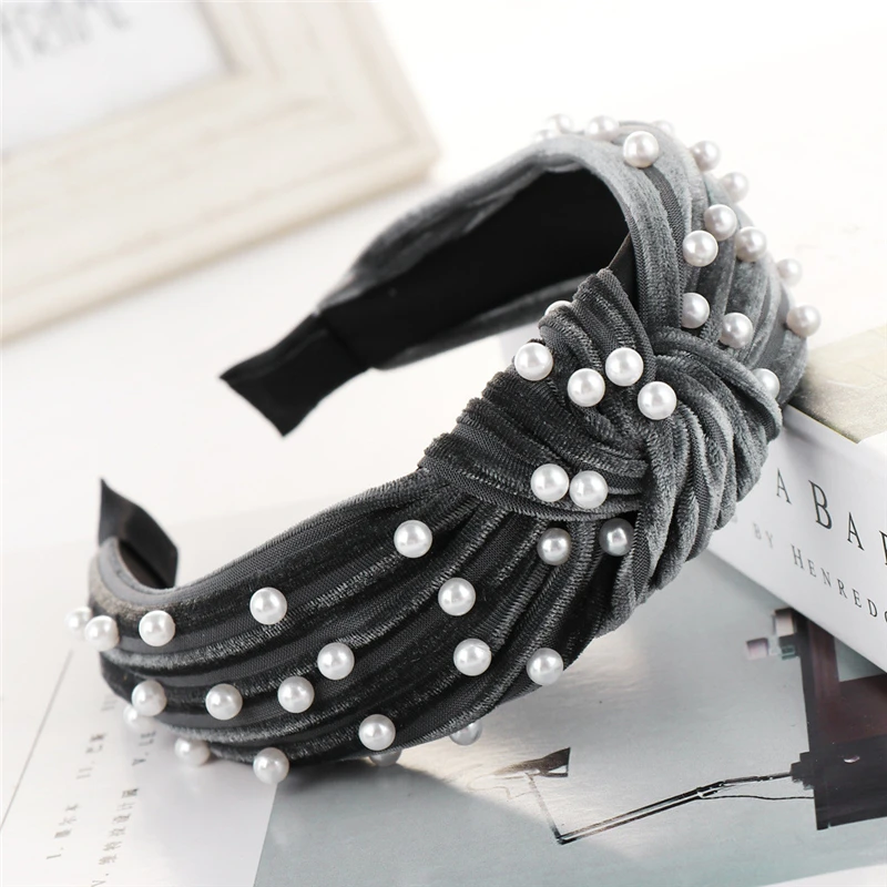Bohemian Pearl Velvet Braided Headband For Women Rhinestone Knot Hairband Turban Handmade Padded Crown Accessories 1111