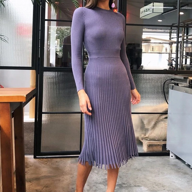 

Women Autumn Long Sleeve Ribbed Knit Midi Long Sweater Dress Mock Neck Slim Fit Pleated Flare Empire Waist Solid Color Stretchy