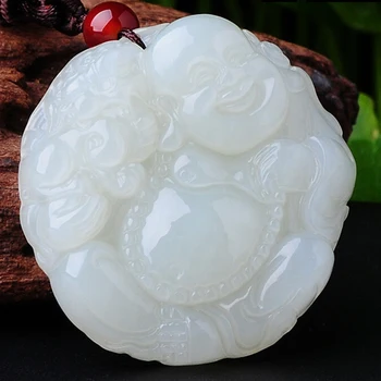 

Natural White Jade Maitreya Buddha Pendant Jadeite Necklace Charm Jewellery Fashion Accessories Hand-Carved Luck Amulet Gifts