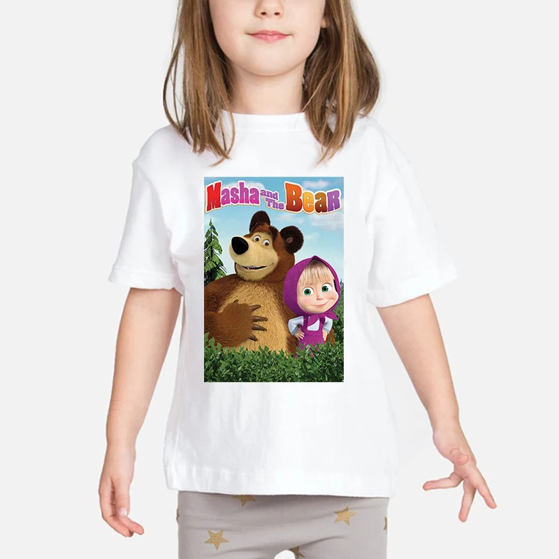 

New Arrival 2020 Childrens Clothes Masha And Bear cartoon Printed cotton t shirt girls boys Summer tops White cute Girls T-shirt