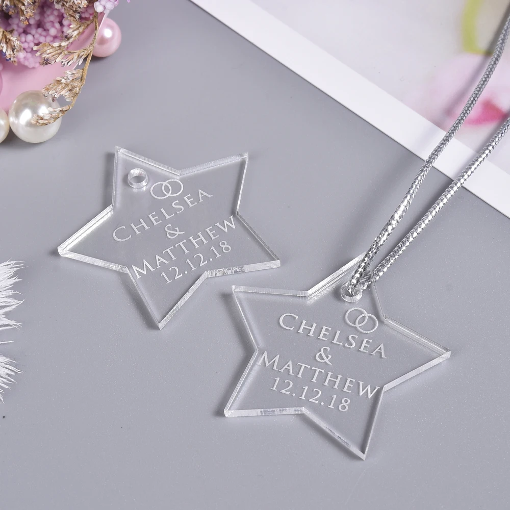 

50Pcs * Personalized Engraved Star Wedding Tags Clear Baptism Name Tag Sculpture Party Gifts Baby Shower Decor Favor