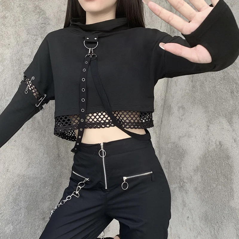 InsGoth Streetwear Punk Mesh Partchwork Black Hooded Hoodies Women Gothic Pullovers Long Sleeve Buckle Bandage Slim Hoodies Tops InsGoth Streetwear Punk Mesh Partchwork Black Hooded Hoodies Women Gothic Pullovers Long Sleeve Buckle Bandage Slim Hoodies Tops