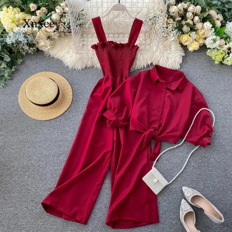 

Summer Women's Two-Piece Suit New Solid Color Sling Folding Wide-Leg Jumpsuit Ladies Lapel Short-Sleeved Shirt Female Trend