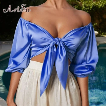 ArtSu Summer Off Shoulder Crop Top Sexy Bow Satin Shirt Sexy Women T-shirt Basic Top Tshirt Femme Streetwear ASTS21448
ArtSu Summer Off Shoulder Crop Top Sexy Bow Satin Shirt Sexy Women T-shirt Basic Top Tshirt Femme Streetwear ASTS21448