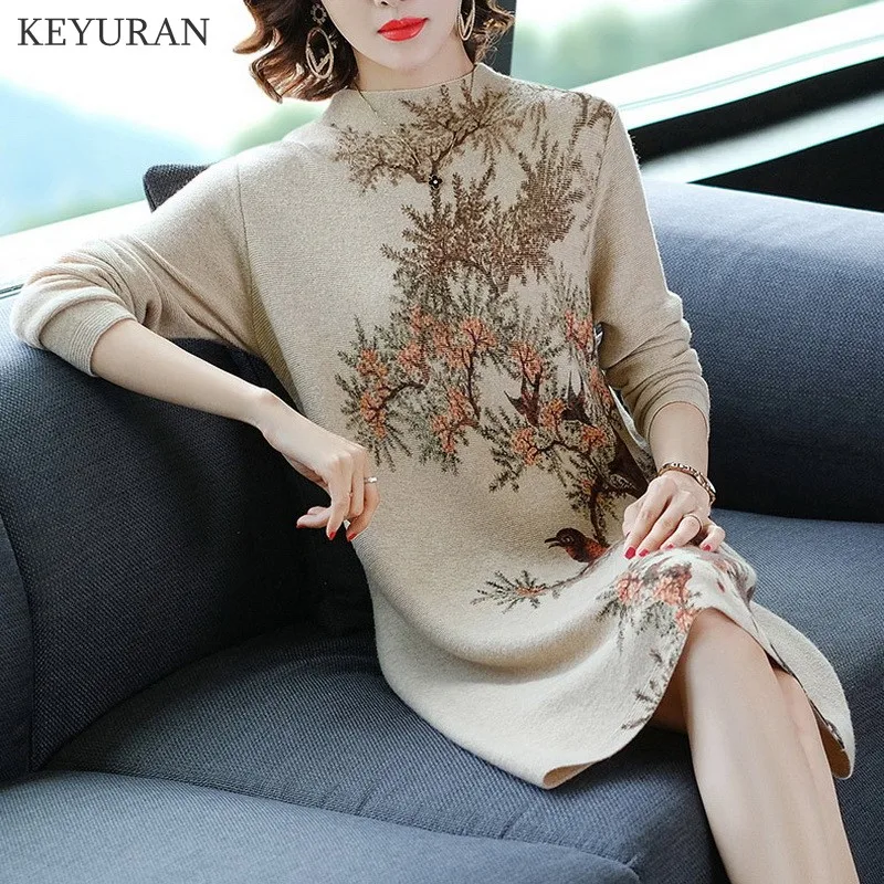 Vintage Autumn Midi Slim Sweater Dress For Women Turtleneck Long Sleeve Tree Bird Print Knitted Dresses Robe Femme Vestidos 4259
Vintage Autumn Midi Slim Sweater Dress For Women Turtleneck Long Sleeve Tree Bird Print Knitted Dresses Robe Femme Vestidos 4259