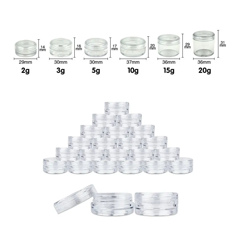 

5pcs 2g/3g/5g/10g/15g/20g Portable Empty Plastic Cosmetic Jars Clear Bottles Eyeshadow Makeup Cream Lip Balm Container Boxs