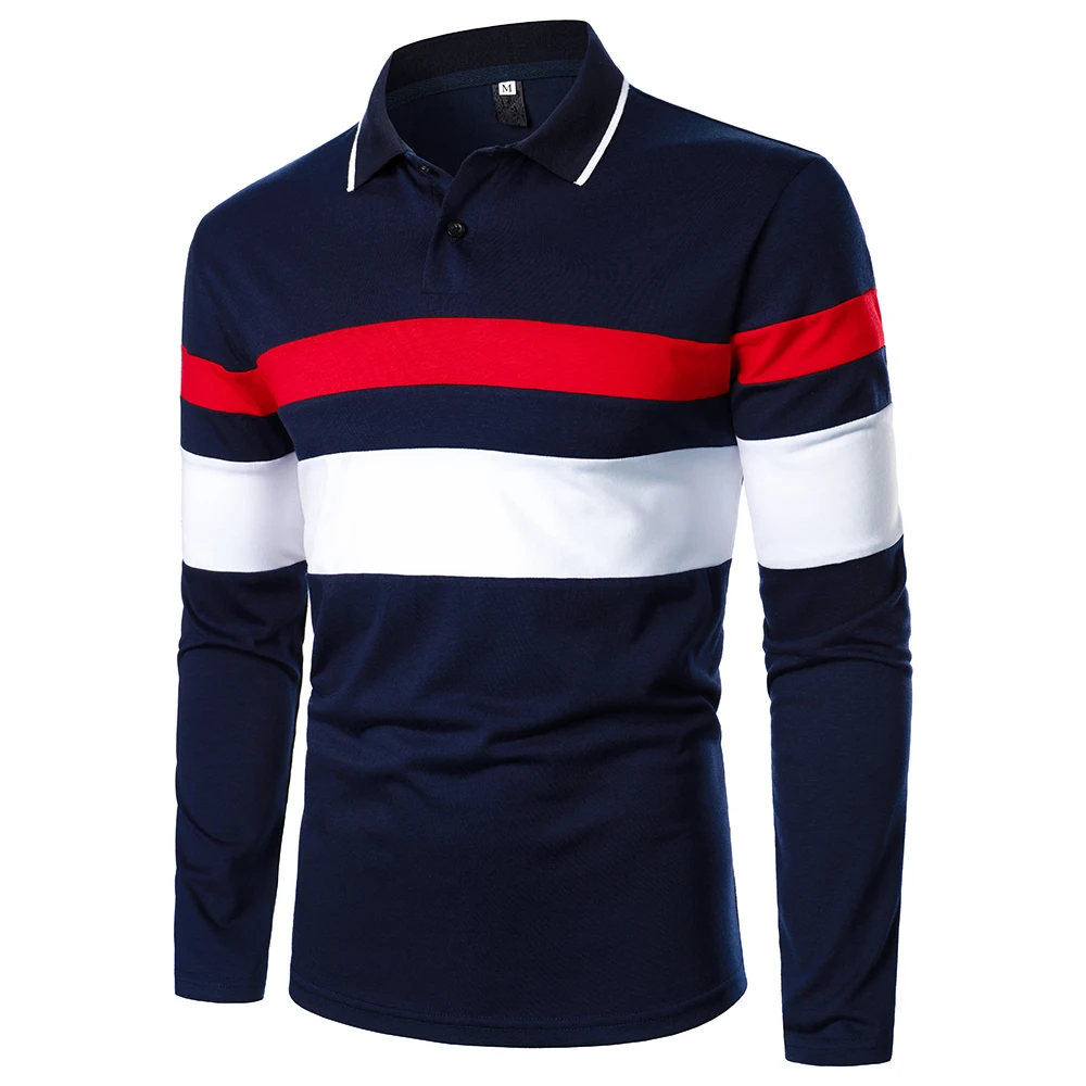Men Long Sleeve Polo Shirt Two-Color Stripe Splicing Design Tops Streetwear Trend Casual Fashion Business | Мужская одежда
