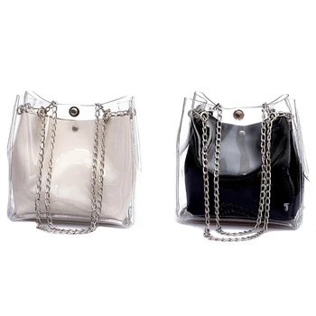 

FGGS-2 Pcs Women Small Bucket Bags Plastic Transparent Totes Composite Chain Bag Female Mini Jelly Handbags Black & White