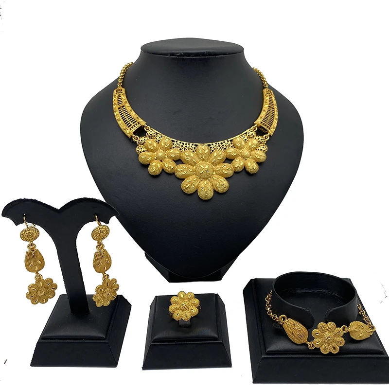 

Indian Jewelry sets for women Dubai 24k gold color Flower African wedding bridal wife gifts Necklace earrings Party jewellery
