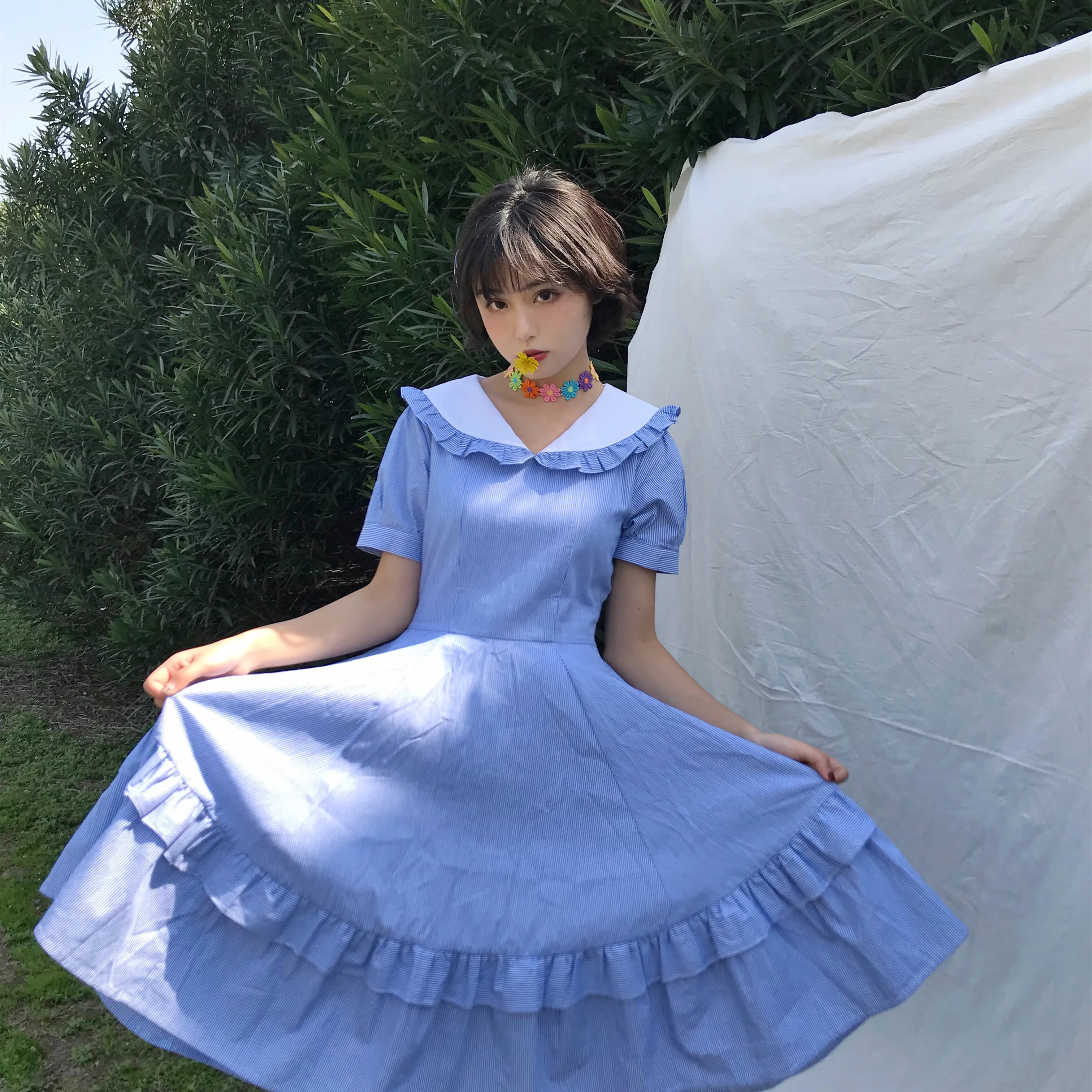 

College style sweet lolita dress vintage ruffled puff sleeve falbala stripe victorian dress kawaii girl gothic lolita op loli