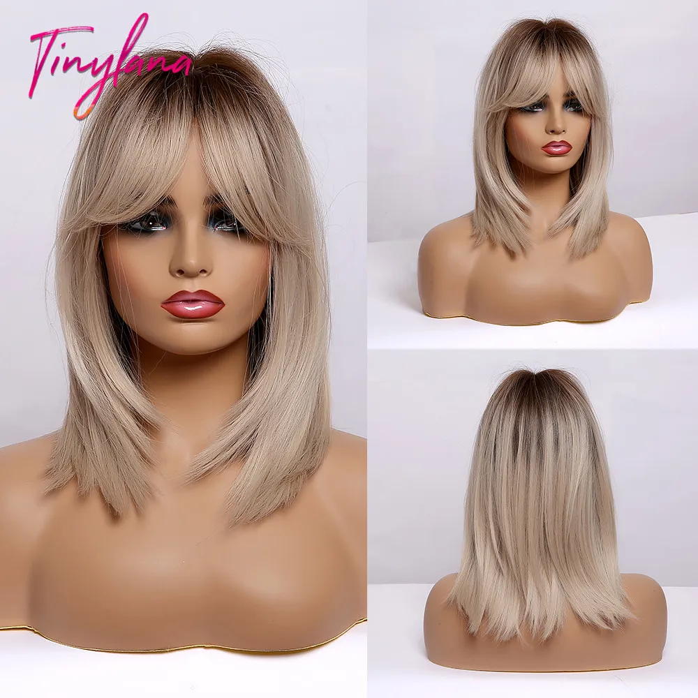 TINY LANA Long Straight Hair With Bangs Ombre Dark Brown Blonde Woman Wigs High Temperature Fiber Synthetic Wigs Cosplay Daily