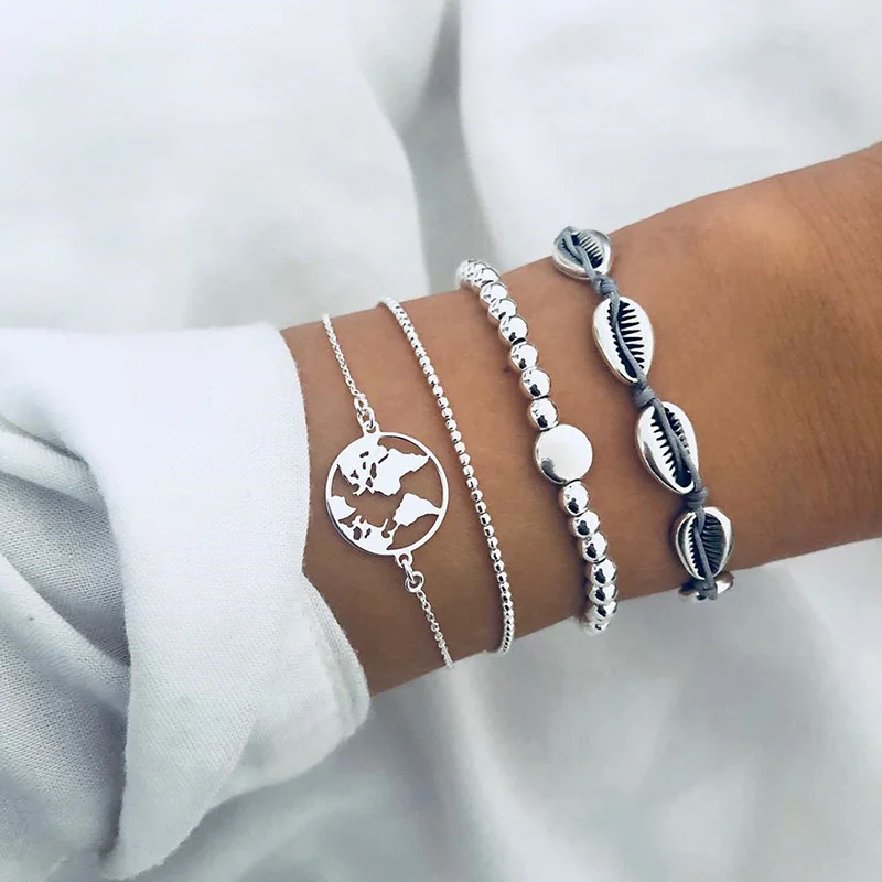 4 Pcs/Set Summer Style Women Bracelets Set World Map Beach Shell Beads Chain Silver Color Alloy Bracelet for Best Friend Jewelry
4 Pcs/Set Summer Style Women Bracelets Set World Map Beach Shell Beads Chain Silver Color Alloy Bracelet for Best Friend Jewelry