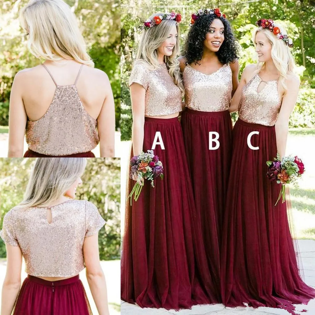 

Rose Gold Sequins Bridesmaid Dresses Country Mixed Order Wedding Guest Gown Two Pieces Junior Maid of Honor Dress Burgundy