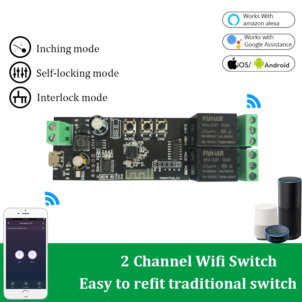 DC 5V-32V Two-Way Control Wireless Delay Wifi Relay Smart Home Switch Module Self-Lock APP Remote Control Compatible With Alexa
DC 5V-32V Two-Way Control Wireless Delay Wifi Relay Smart Home Switch Module Self-Lock APP Remote Control Compatible With Alexa