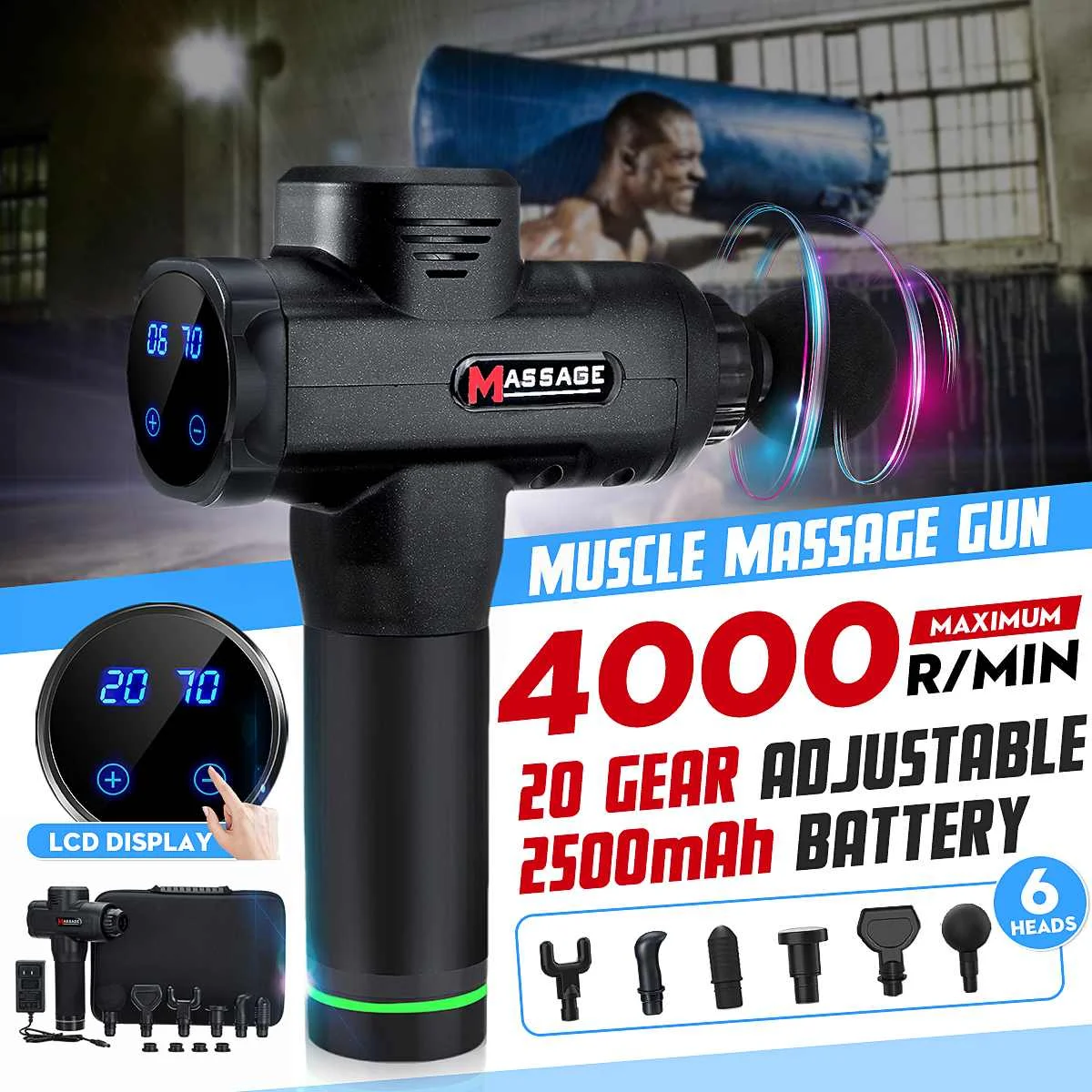 20 Gears 4000r/min Muscle Massage Guns Electric Vibration Body Tissue Massager Deep Relaxed Pain Relief Muscle Stimulator+6 Head
20 Gears 4000r/min Muscle Massage Guns Electric Vibration Body Tissue Massager Deep Relaxed Pain Relief Muscle Stimulator+6 Head