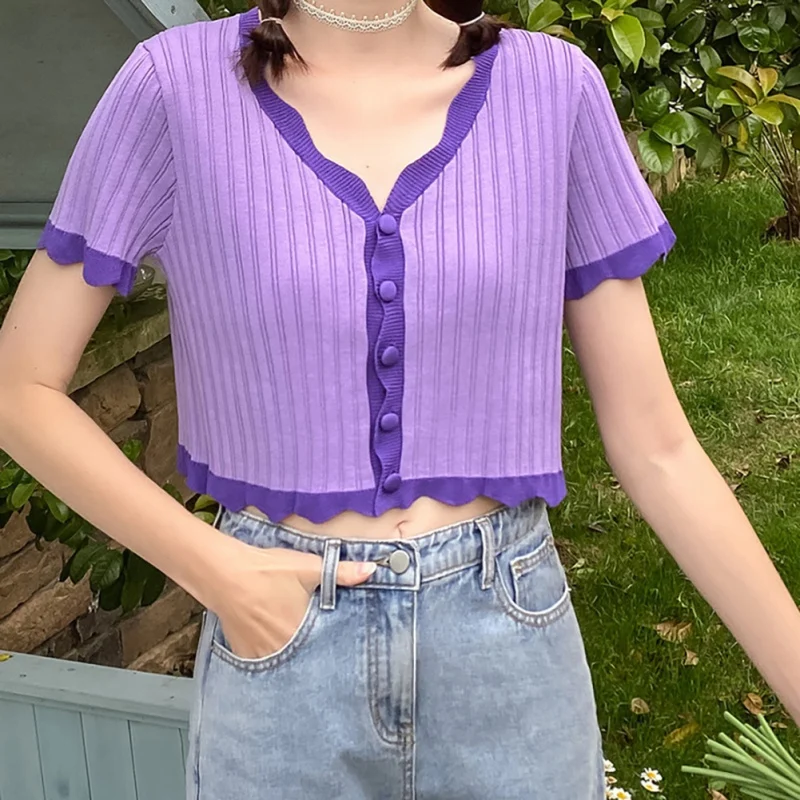 Summer Thin Loose Knitted Short T-shirt Women Short Sleeve Buttons Cardigan Top Patchwork Color V-neck Tshirt
Summer Thin Loose Knitted Short T-shirt Women Short Sleeve Buttons Cardigan Top Patchwork Color V-neck Tshirt
