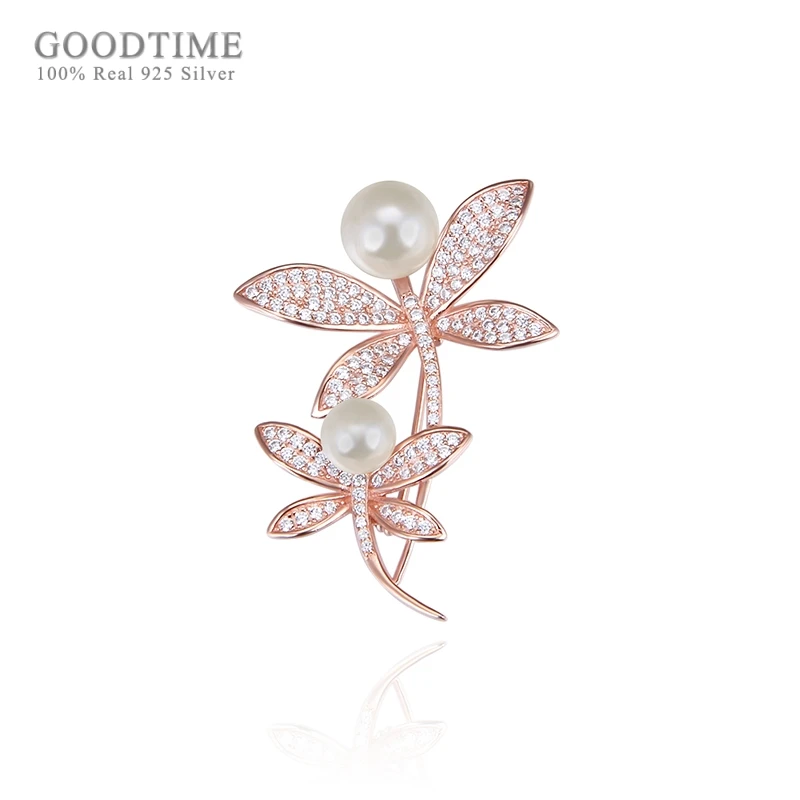 

S925 Sterling Silver Brooch Dragonfly Dress Brooch For Women Fashion Rose Gold Zircon Bead Clothing Pin Jewelry For Party Dress