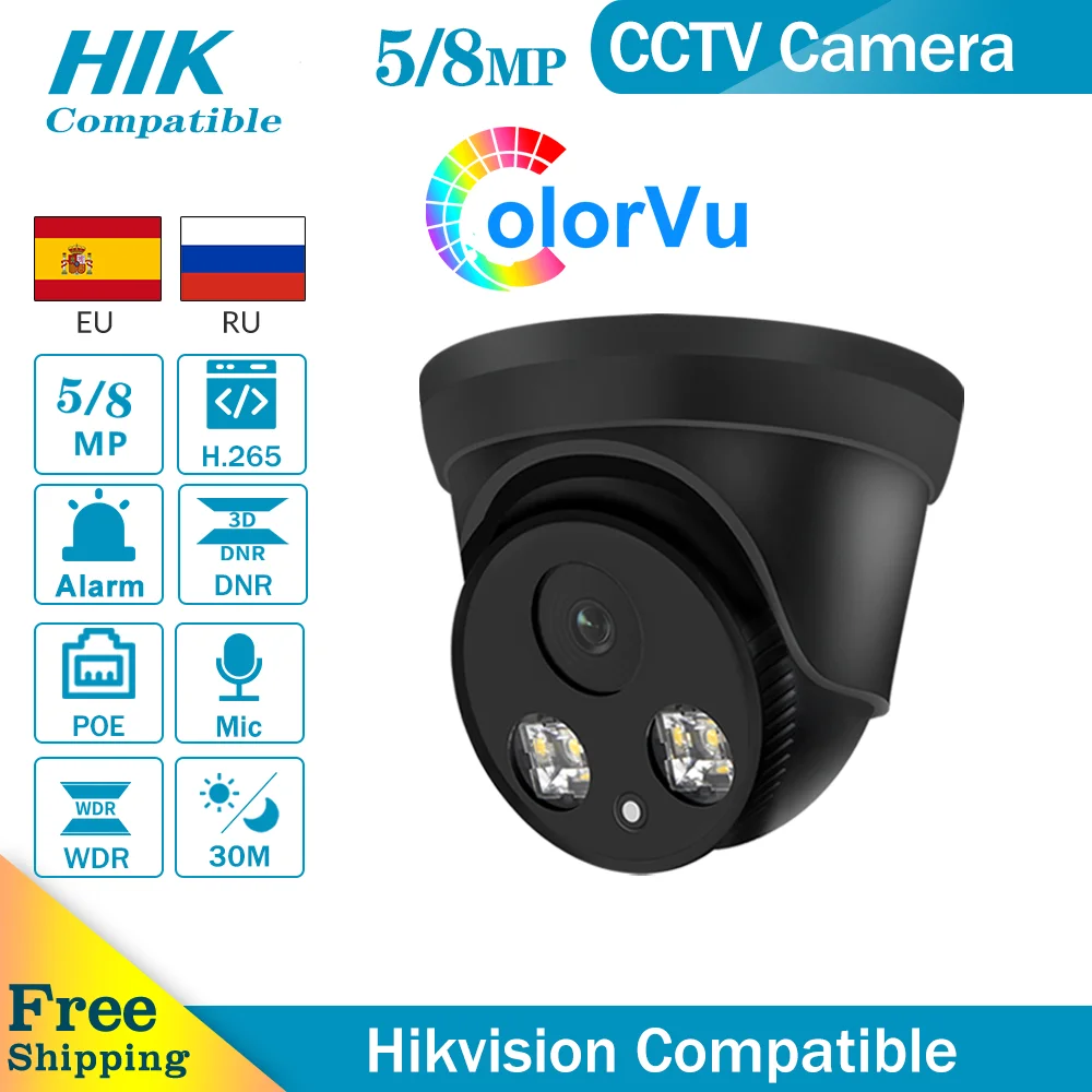 

Hikvision Compatible ColorVu 5MP Dome POE IP Camera 8MP Black Home Security CCTV Camera IR 30m H.265 P2P Plug&play IPC