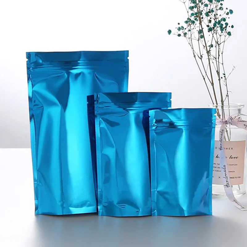 

100Pcs Aluminum Foil Blue Standup Packaging Gift Bags Resealable Mylar Packing Pouch Various Sizes Ziper Lock Food Storage Bag