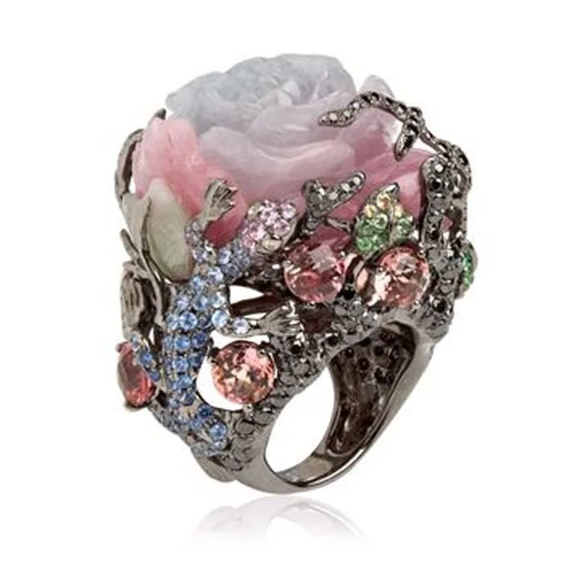 Vintage Black Tungsten Ring Peony Rose Flower Tree Vine Lizard Handmade Jewelry Resin Crystal Beaded Rainbow | Украшения и