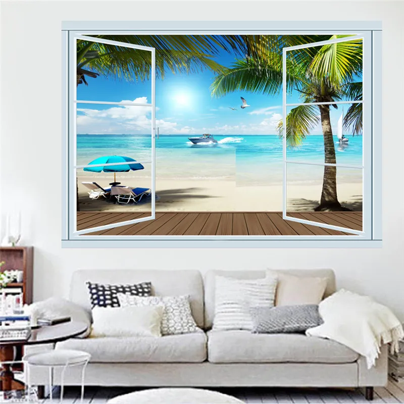 3d яркие наклейки на стену с изображением окна пляжа пальмы гостиной спальни