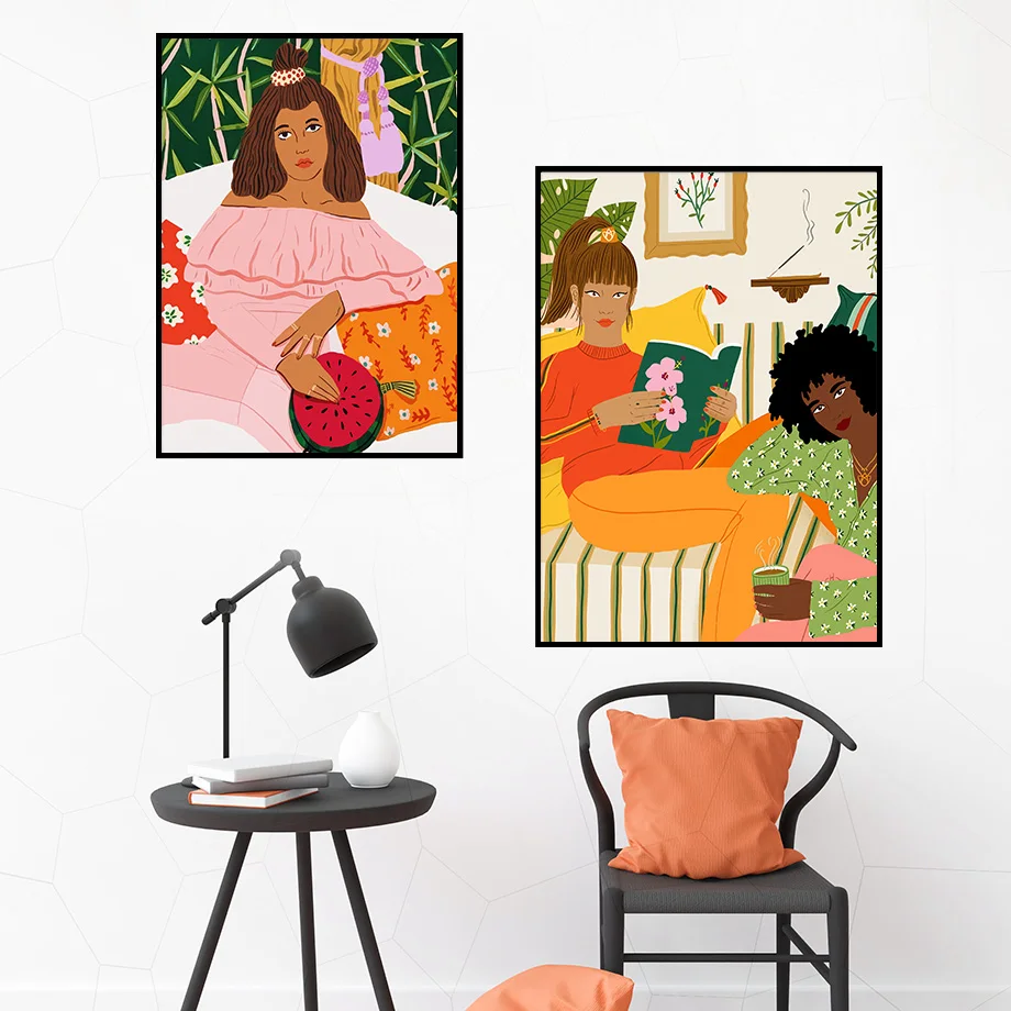 Vintage Abstract Colorful Girl Dog Flower Wall Art Canvas Painting Nordic Posters And Prints Wall Pictures For Living Room Decor