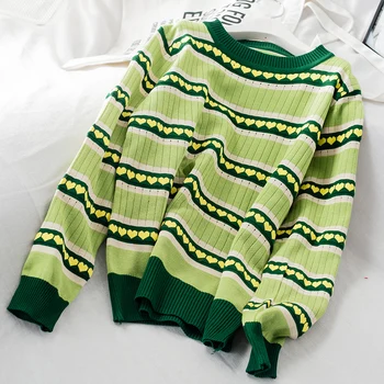 Spring Women's O Neck Heart Dots Striped Short Green Knitted Sweater Long-Sleeved Casual Loose Thin Knit Top Knit Wear
Spring Women's O Neck Heart Dots Striped Short Green Knitted Sweater Long-Sleeved Casual Loose Thin Knit Top Knit Wear