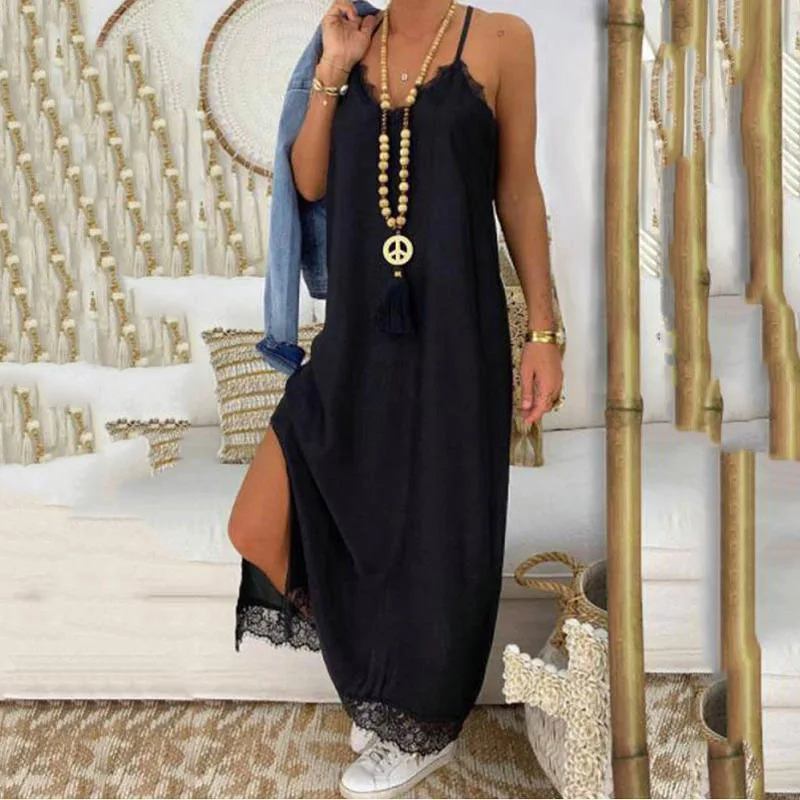 Women's Sexy Sling Long Dress Lace Loose Slit Large Sleeveless Casual Dress V-neck Black Summer Dress
Women's Sexy Sling Long Dress Lace Loose Slit Large Sleeveless Casual Dress V-neck Black Summer Dress