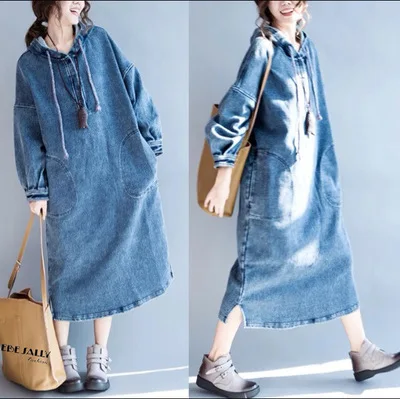 Cowboy Dress Autumn Winter New Style Korean-style Casual Long Hooded Long-Sleeve Loose-Fit Fat Mm Plus-sized | Женская одежда