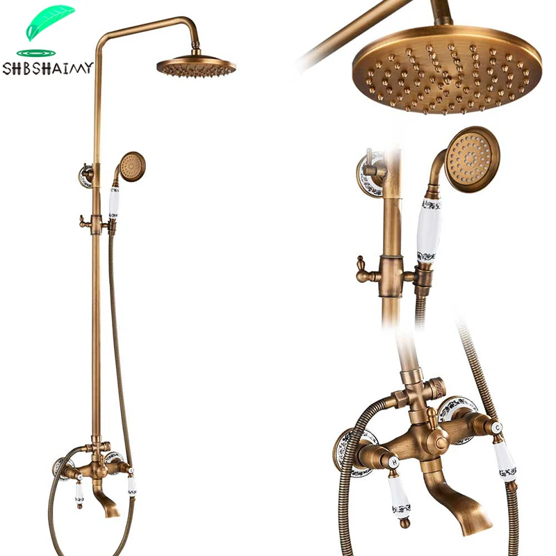 SHBSHAIMY Antique Brasss ORB Shower Faucet 8" Rainfall Showerhead Wall Mounted Handshower and Shelf with High Quality Brass |