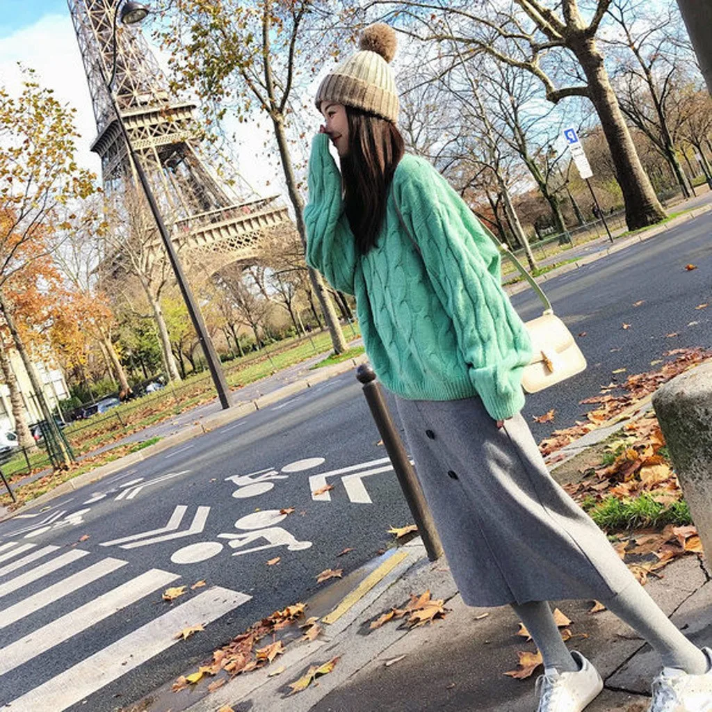 Jaycosin Fashion Women Casual Simple Long Sleeve Knitting Sweater Stylish Solid Color Comfortable Warm Lazy Wind Sweater