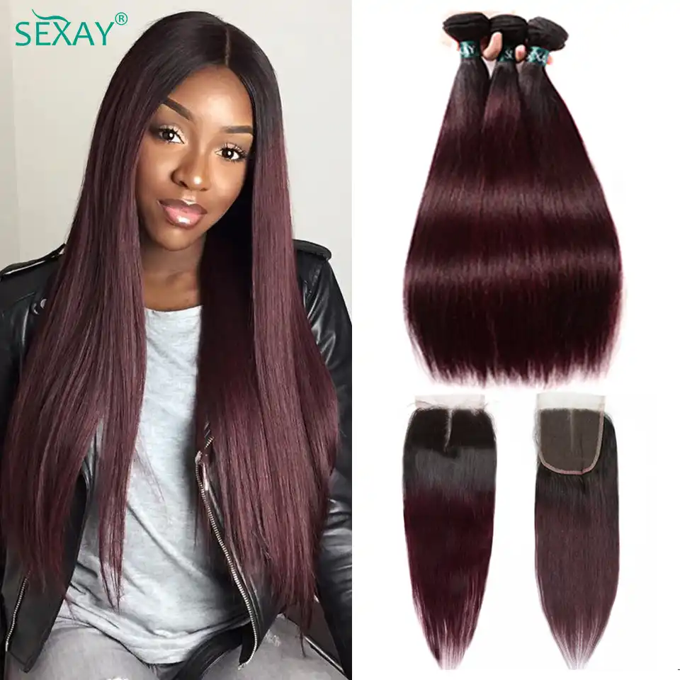 Ombre Human Hair 3 Bundles With Closure Pre Colored Dark 1b 99j
