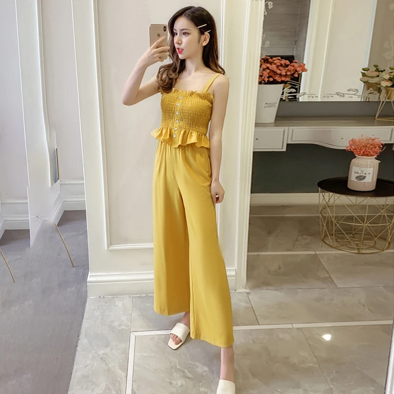 Summer Female Two Piece Set Single Breasted Sling Clothes High Waist Leisure Wide Leg Pants Fashion New Chiffon Women Suits A158
Summer Female Two Piece Set Single Breasted Sling Clothes High Waist Leisure Wide Leg Pants Fashion New Chiffon Women Suits A158