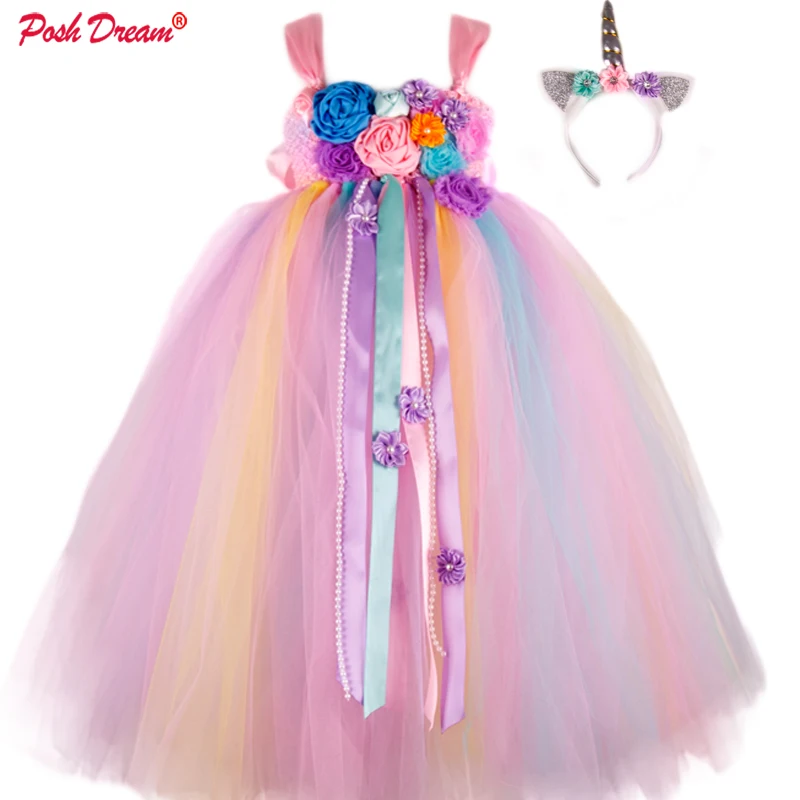 

POSH DREAM Unicorn Party Dress for Girls Flower Unicorn Birthday Dresses Halloween Thanksgiving Kids Girls Costume Clothes