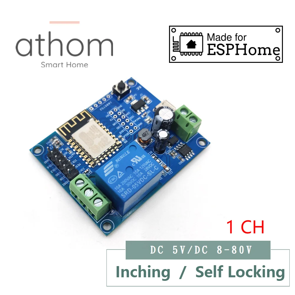 

ATHOM pre flashed ESPHome 1CH DC 5V 12V 8V-80V WiFi Relay Module Inching/Self-locking Switch Entry Access Garage Door