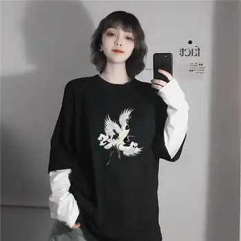 oversize fake two pieces long-sleeved t-shirt o-neck Crane Printing women's new Causal loose thin shirt bf wind Spring autumn
oversize fake two pieces long-sleeved t-shirt o-neck Crane Printing women's new Causal loose thin shirt bf wind Spring autumn