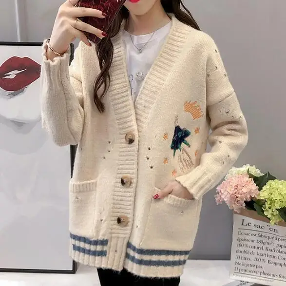 2020 Cartoon Embroidery Oversize Cardigans Women Harajuku Loose V Neck Sweaters Jacket Female Knitted Cardigan Mujer For Winter
2020 Cartoon Embroidery Oversize Cardigans Women Harajuku Loose V Neck Sweaters Jacket Female Knitted Cardigan Mujer For Winter