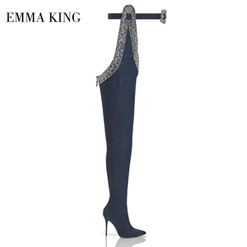 

Fashion Wais Belt Over The Knee Boots Blue Denim Thigh High Boots Crystal Design 12cm High Heels Boots Gladiator Botas Mujer