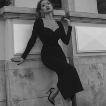 Vestido mujer sexy fiesta ceñido negro manga larga midi moda femenina sukienka jesien vestidos manga larga mujer robe moulante Quel(China)